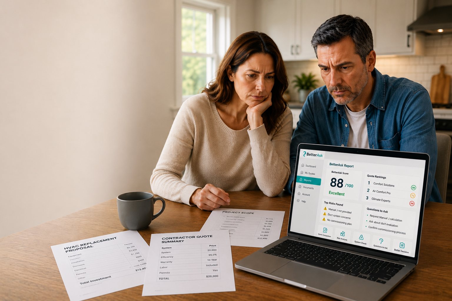 A couple at their kitchen table reviewing HVAC contractor quotes against their BetterAsk report before deciding
